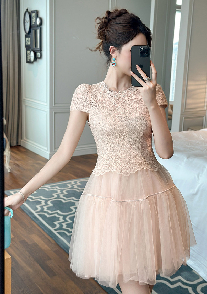 Đầm ren nữ tay ngắn cổ tròn phối lưới dáng suông midi — [Hồng champagne] chi tiết 1