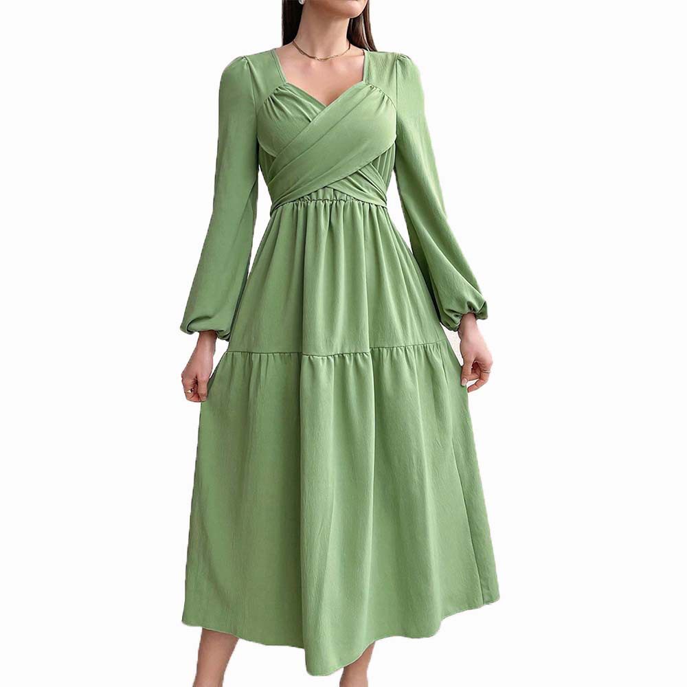 Elegant V Neck Midi Dress Fresh Spring Summer Style Youthful Green Color Wholesale Available OEM ODM service