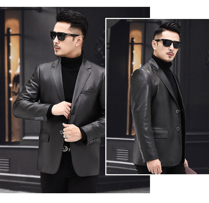 Áo khoác da cừu nam dáng vest cổ áo vest phong cách công sở — Màu đen