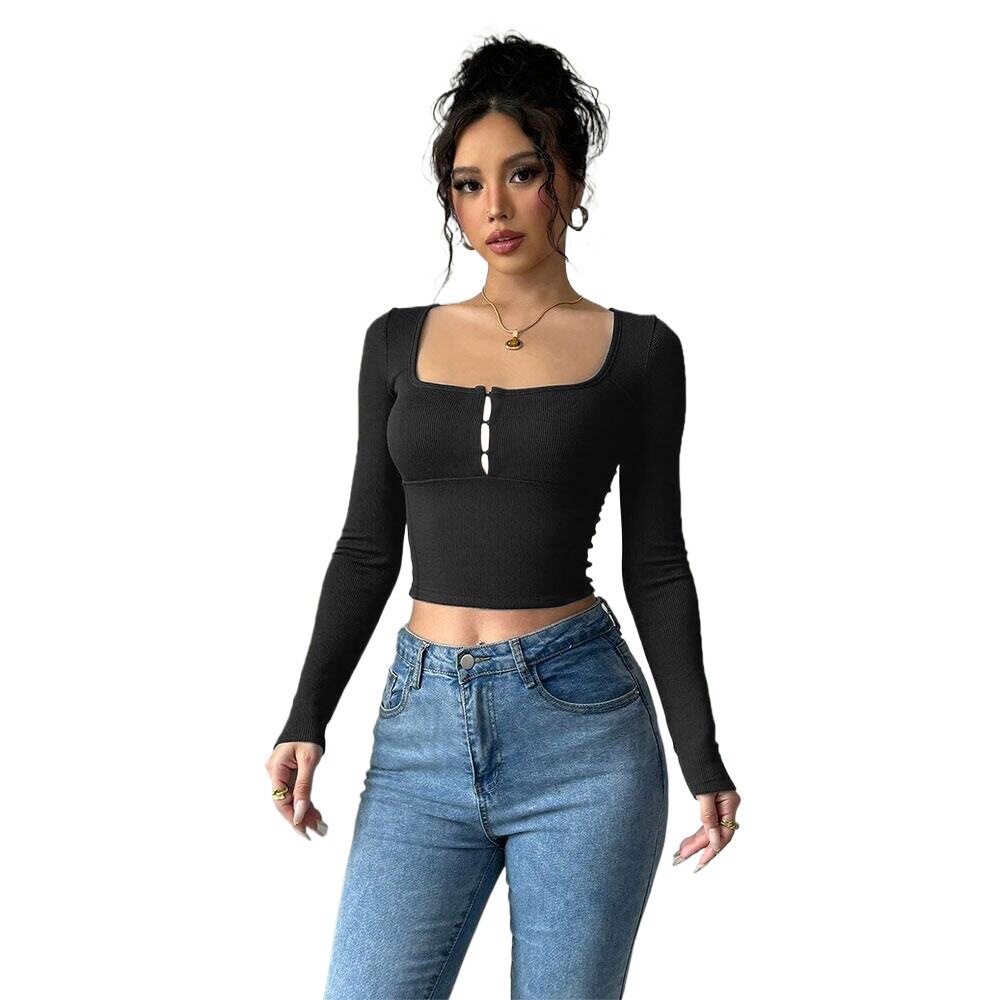 Long Sleeve Cropped T Shirt Sexy Slim Fit Square Neck Stretch Fabric Autumn Fashion for Women Wholesale Available