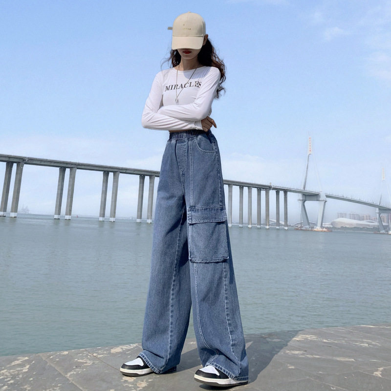 High Waisted Straight Leg Wide Leg Cargo Jeans for Women Versatile Plus Size Loose Fit Spring and Autumn Fashion