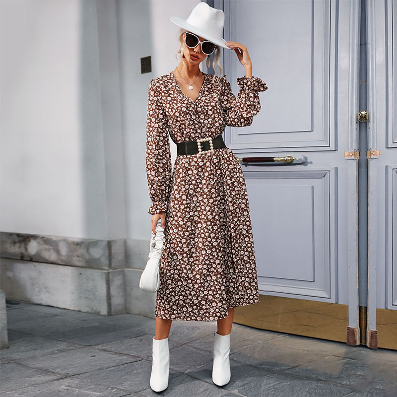 Floral Maxi Dress Slim Fit Side Slit Long Sleeve Autumn Winter Womens Fashion Wholesale Available