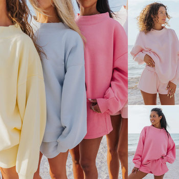 Amazon's New Round Neck Sweatshirt Long-Sleeved Casual Shorts Suit Solid Color Velvet Pullover Top Loose Women's Clothing