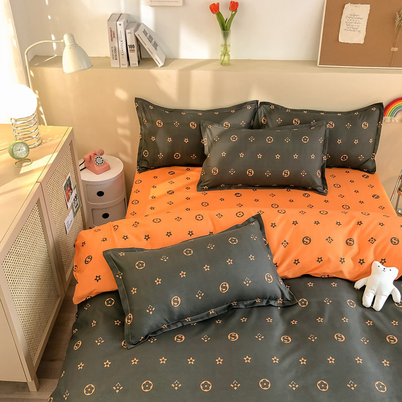 Aloe Vera Cotton Brushed Four-Piece Set Men's Plaid Stripesd Student Dormitory Three-Piece Bed Bed Sheets Quilt Cover Machine Washable Bed