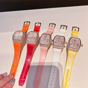 New F Home Diamond-encrusted Ginestar Barrel Series Women's Belt Quartz Movement Color Digital Dial Watch