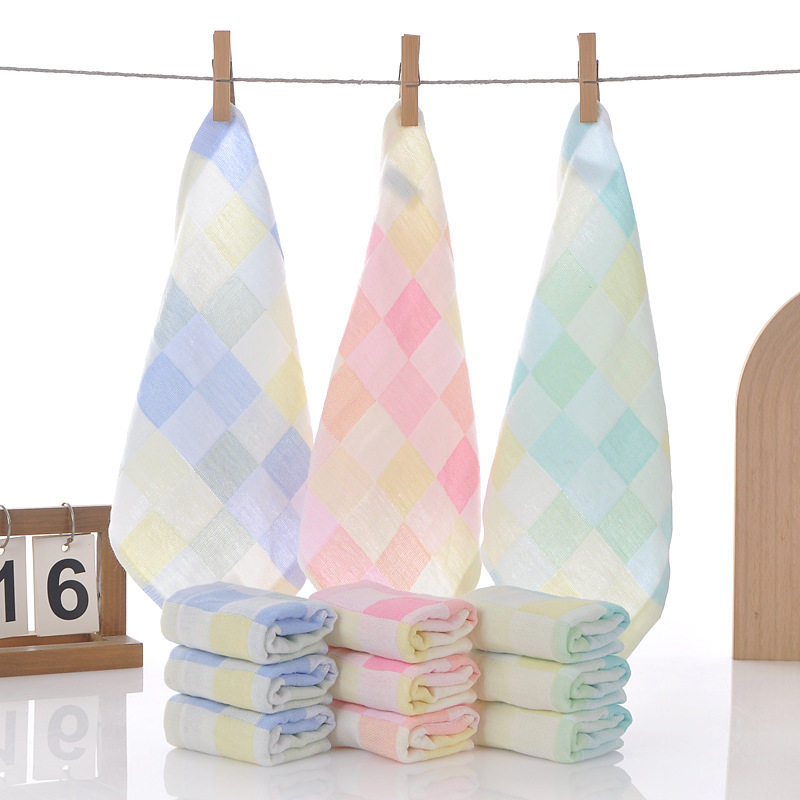 Back-To-School Season Pure Cotton Square Towel Gauze Small Towel Kidsren's Gauze Saliva Towel Kindergarten Handkerchief Color Grids Hand Towel