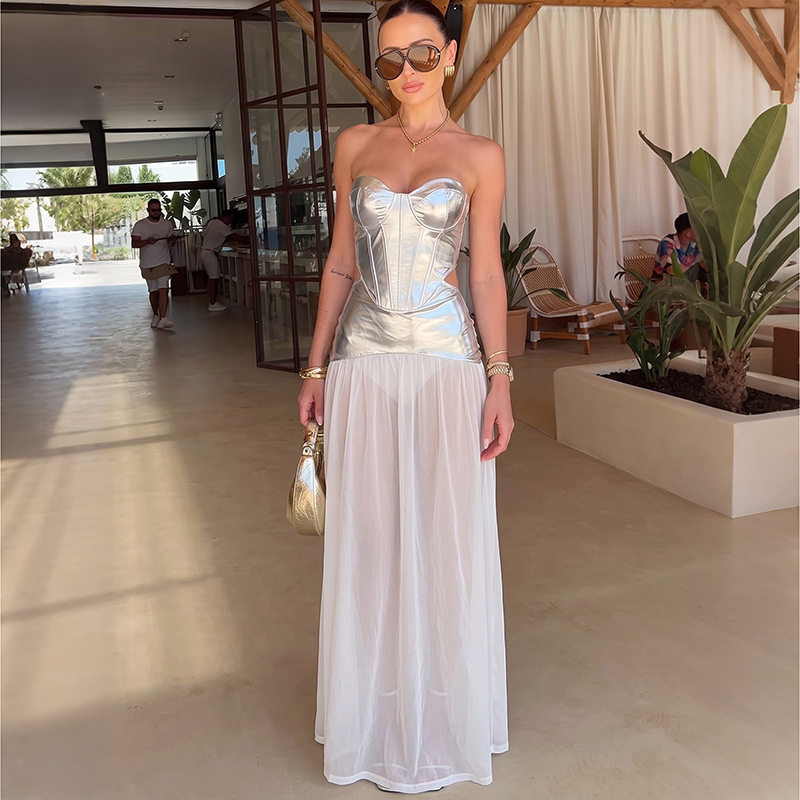 Summer Womens Bodycon Dress Sexy Sheer Design Strapless High Slit Fitted Waist Perfect for Parties and Events