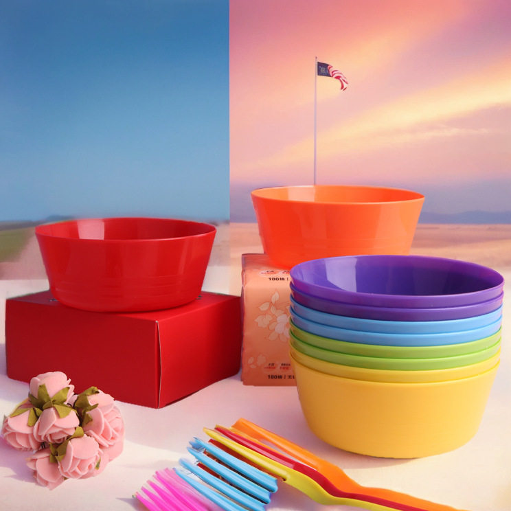 Cross-border rainbow color creative children's new plastic bowl tableware snacks snacks noodles rice bowl portable easy to clean