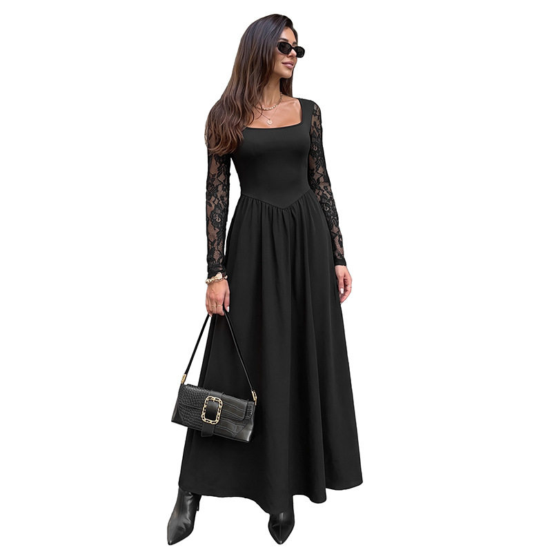 Elegant Black Lace Long Sleeve Dress Square Neck Sophisticated Style Perfect for Evening Events Wholesale Available