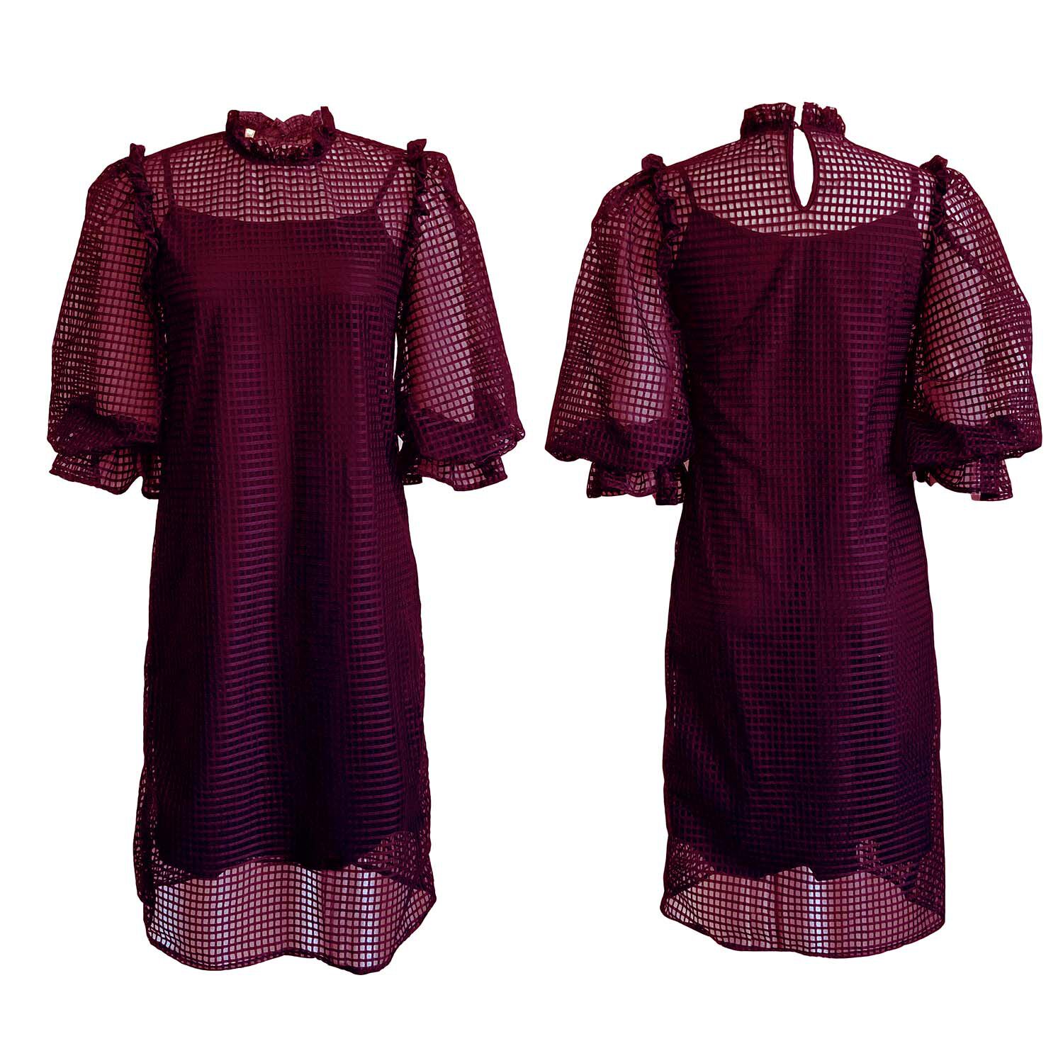 Hollow Out Puff Sleeve Two Piece Dress Solid Color Elegant Design Suitable for Fall Wholesale Available