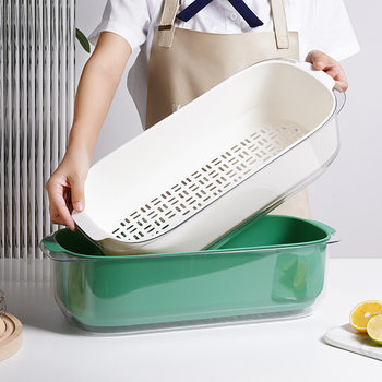 Household Rectangular Double Layer Fruit and Vegetable Draining Basket Thickened Binaural Washing Vegetable Basin Kitchen Vegetable and Fruit Draining Basket