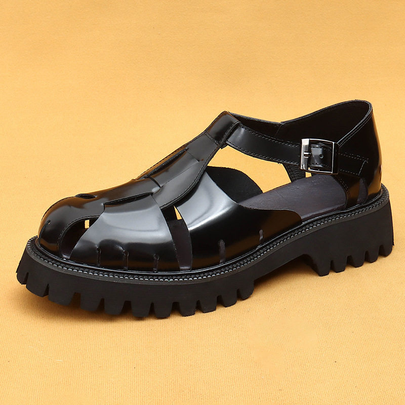 Sandal Rọ Nam Da Bóng Đế Dày Chiều Cao Đế Khoảng 4cm Màu Đen