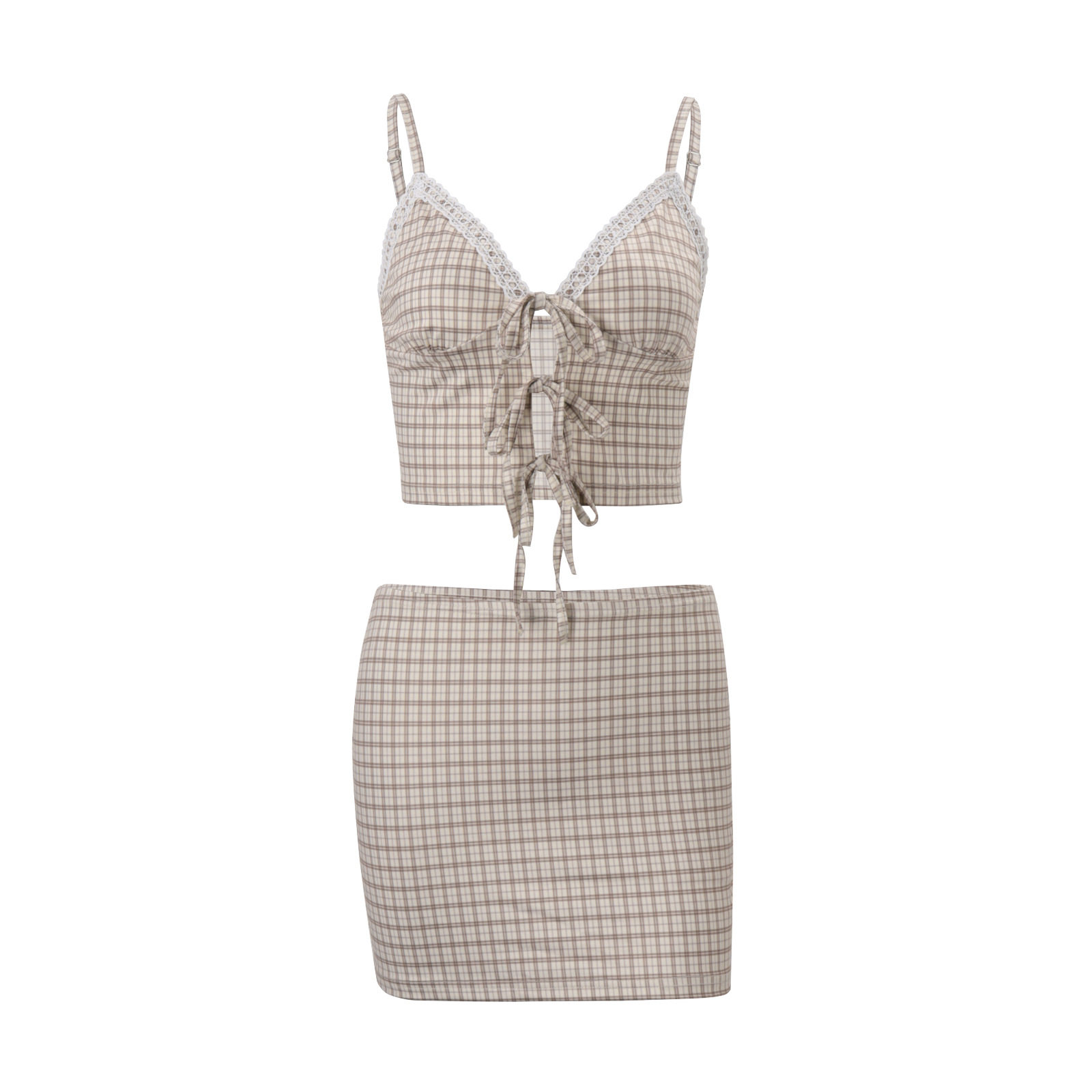 Vintage Inspired Womens Summer Outfit V Neck Plaid Cami Top Bodycon Mini Skirt Set Perfect for Casual or Night Out