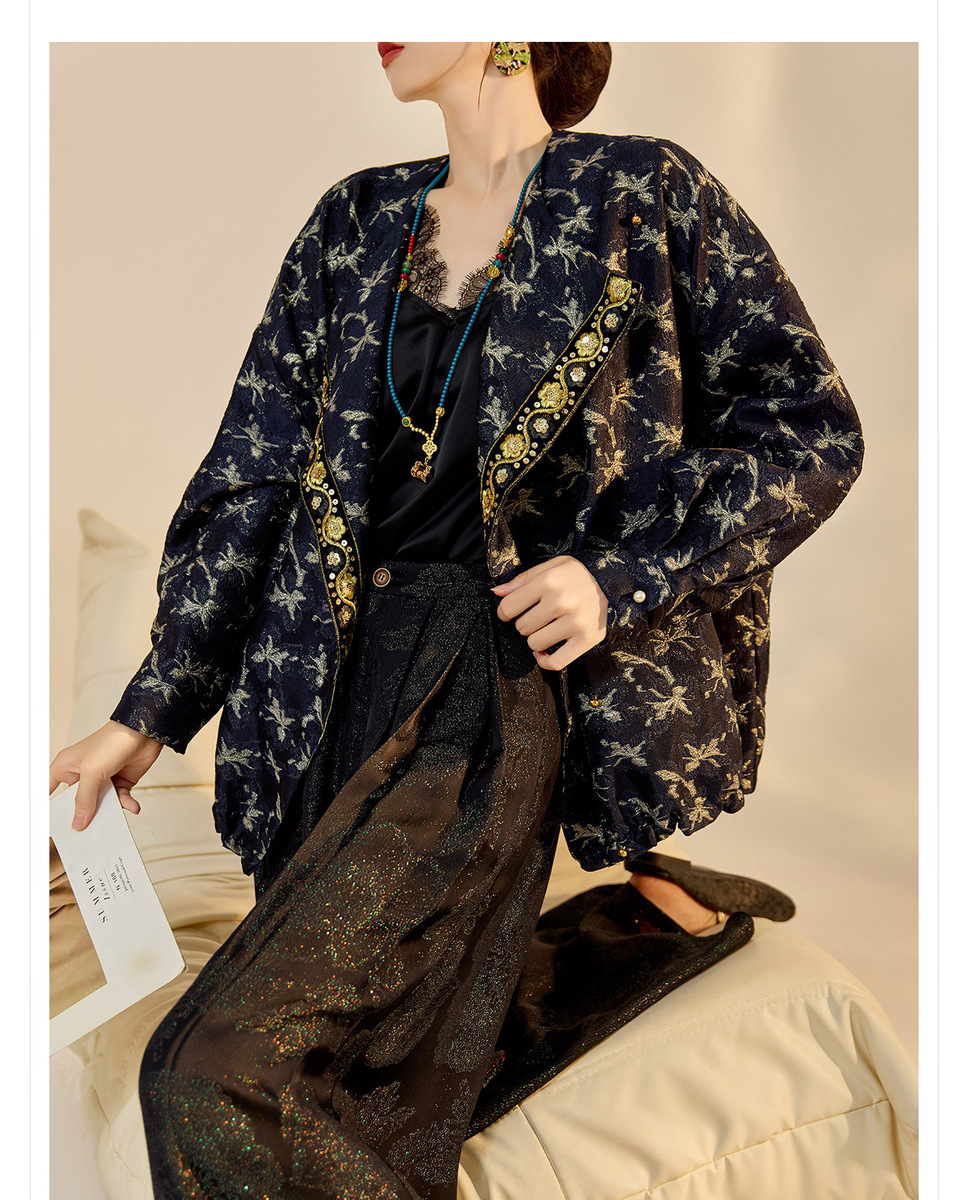 Áo khoác cardigan dệt kim thêu họa tiết hình học dáng ngắn tay dài — Màu trắng nhạt, Màu xanh hải quân