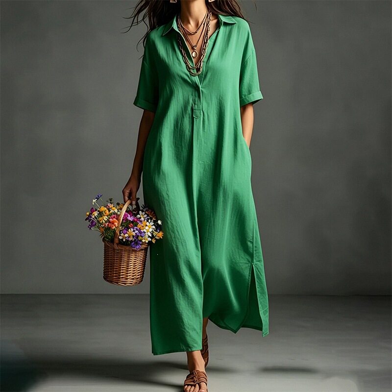 Womens Short Sleeve Polo Neck Long Dress Solid Color Casual Style Beach Vacation Wholesale Available