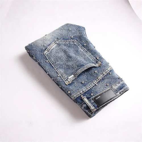 朋克铆钉微喇叭牛仔裤男青年外贸潮流复古蓝时尚长裤中腰弹力休闲 - 图3