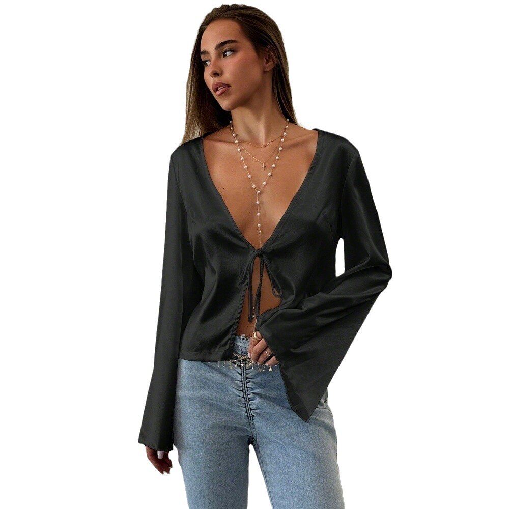 Loose Satin Tie Front Cardigan T Shirt Sexy Style Spring Summer Fashion Womens Apparel Wholesale Available