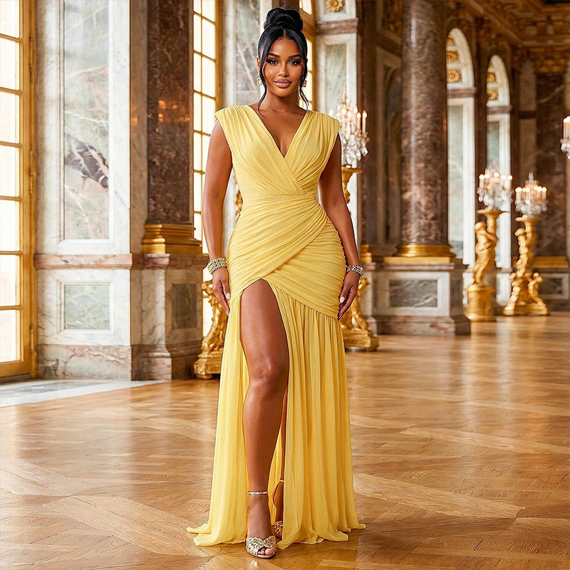 Fashionable Solid Color Womens V Neck Sleeveless Split Ruched Long Dress Slim Fit Elegant Style Perfect for Parties
