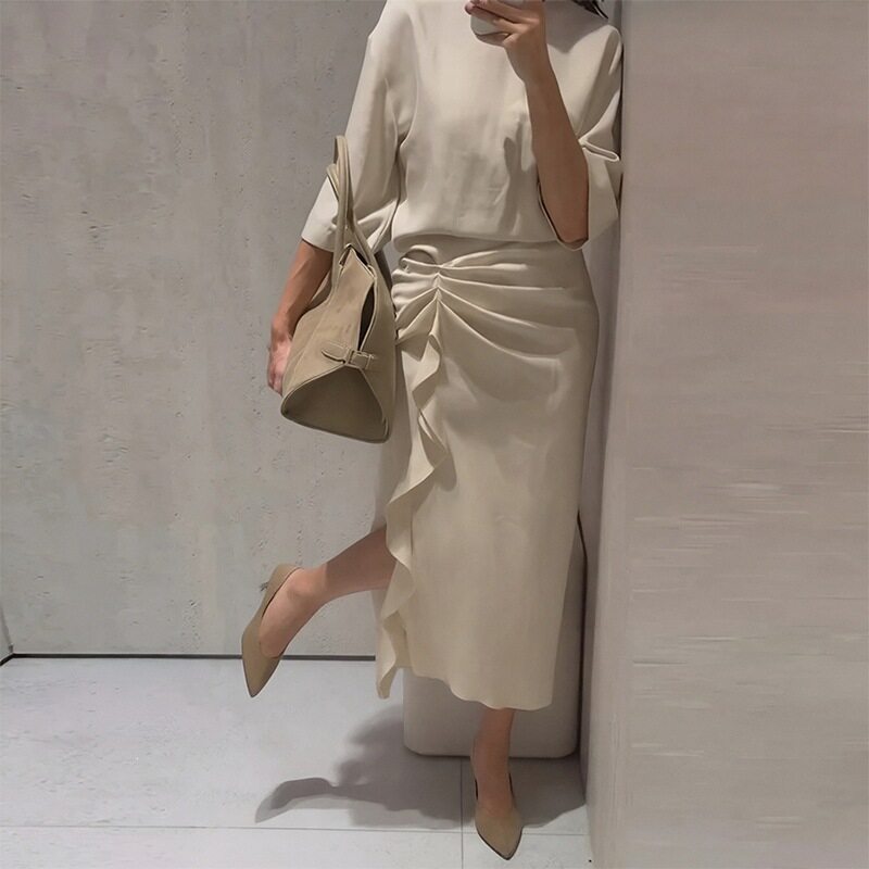 Summer Casual Solid Color Split Hem Pleated Dress for Women Lightweight Comfortable Vacation Style Wholesale Available