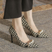 Houndstooth High Heels Women's Spring/Summer 2023 New Style Pearl Professional Work Shoes Women's Elegant Socialite Stiletto Hee