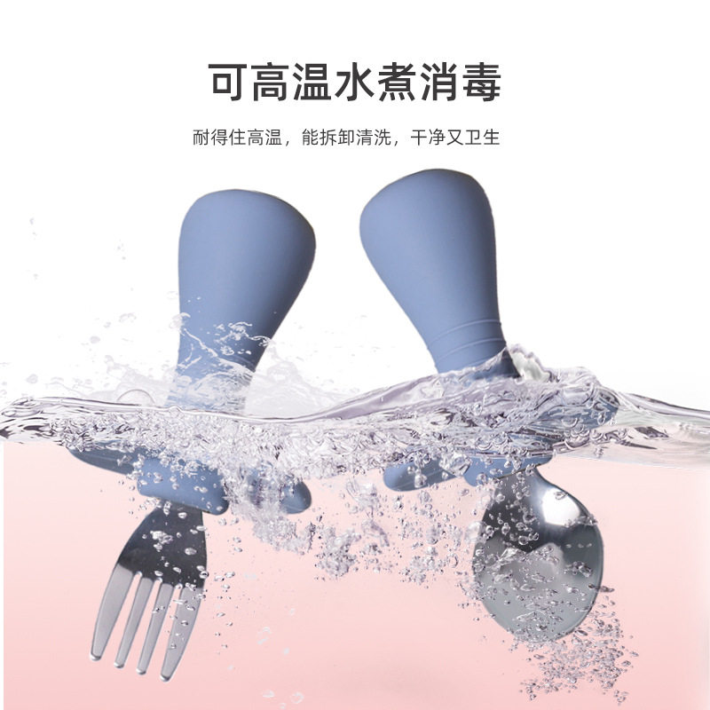 Baby Silicone Fork Spoon Children's Stainless Steel Training Short Fork Spoon Children's Tableware Set Portable Short Handle Fork Spoon