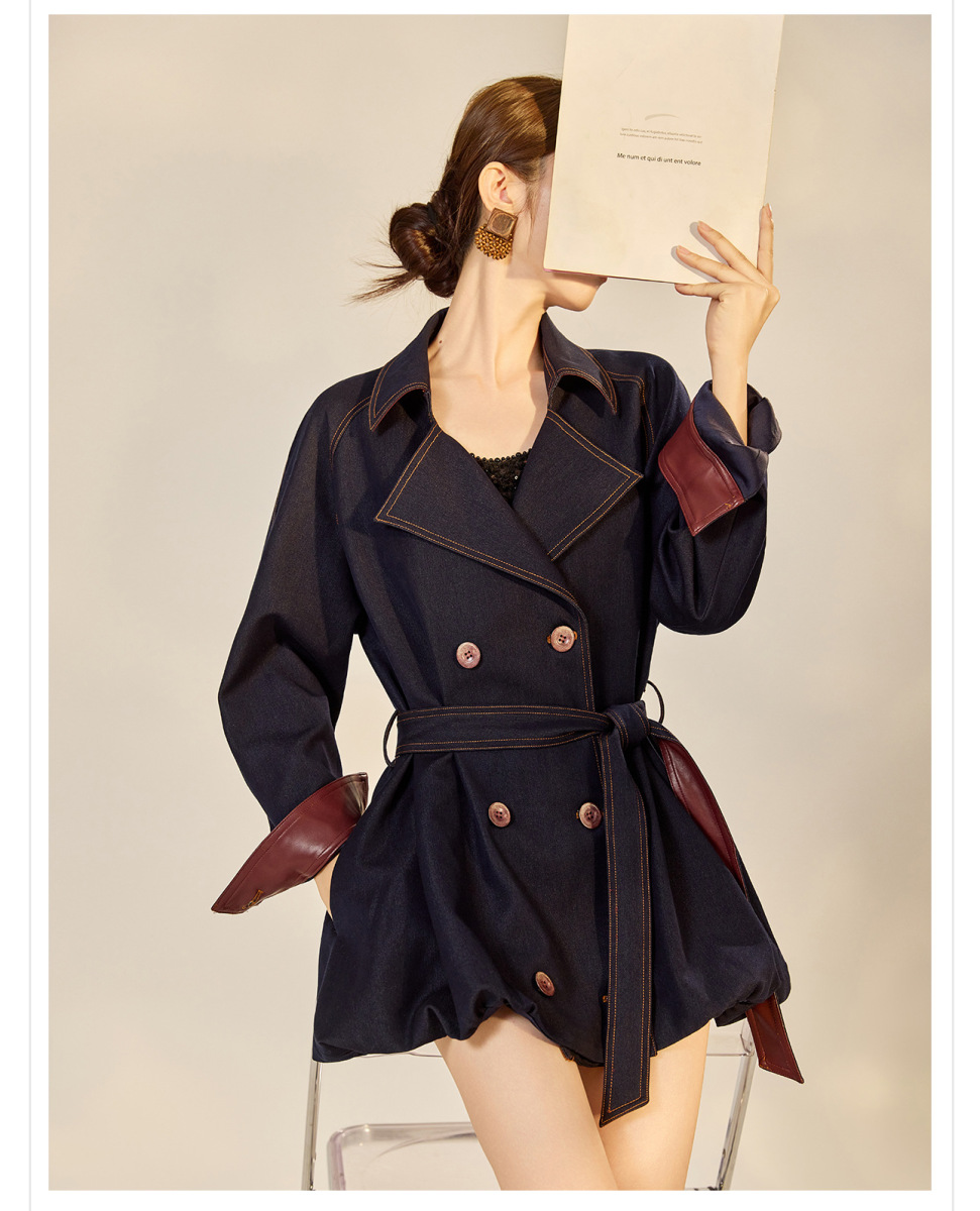 Áo khoác dáng trench denim phối chỉ tương phản cổ bẻ thắt eo dài trung — Xanh navy (giao hàng trong 7 ngày)