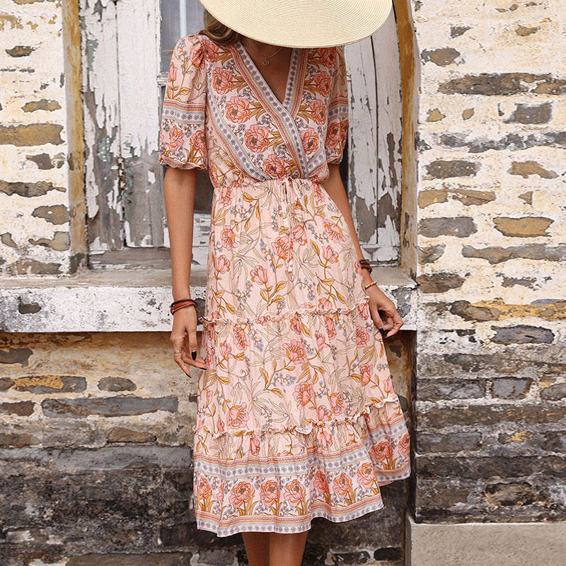 Floral Print V Neck Midi Dress Ruffled Hem Pink Color Country Style Perfect for Spring Summer Wholesale Available