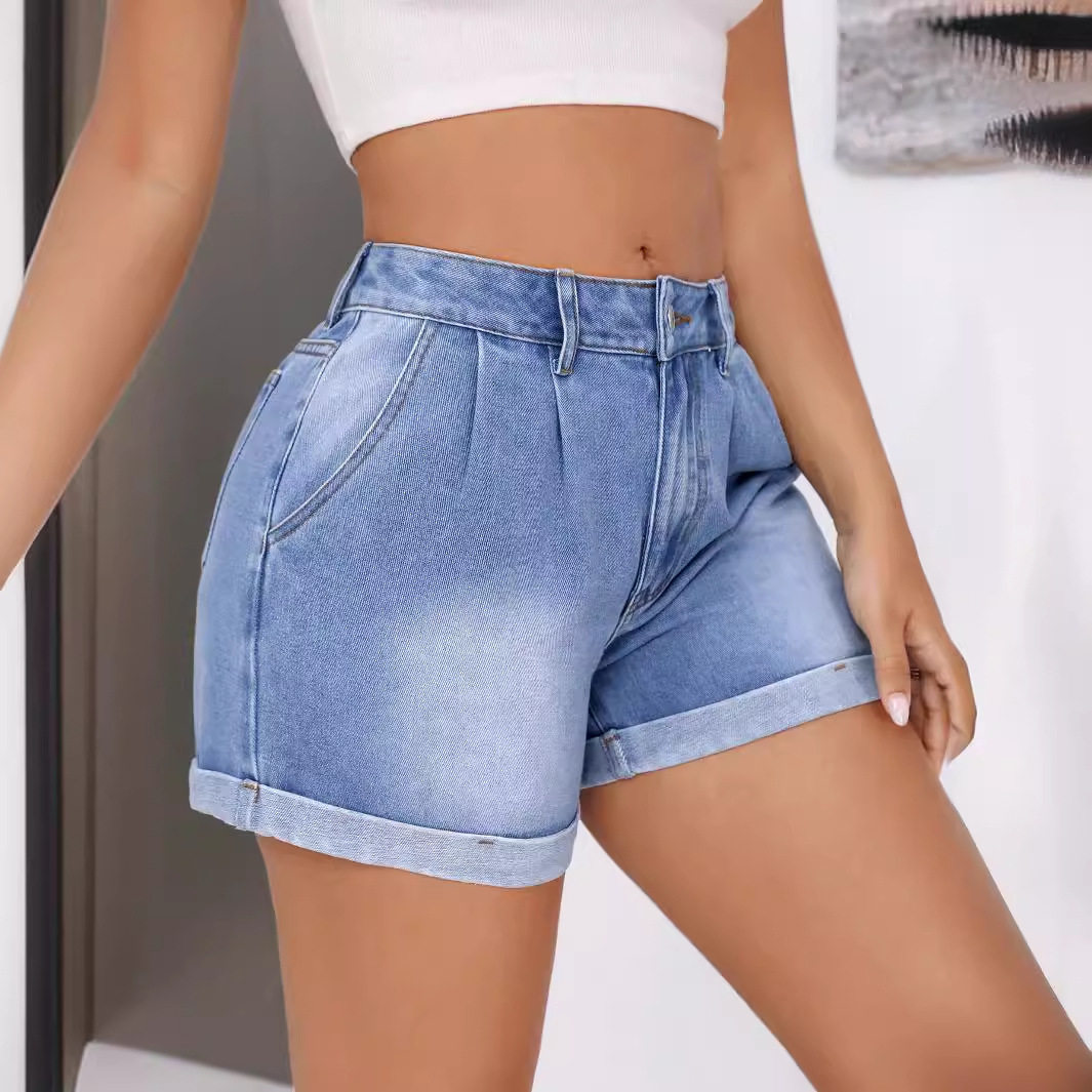 Loose Fit High Waisted Denim Shorts Versatile Flattering Rolled Hem Casual Summer Wear Wholesale Available