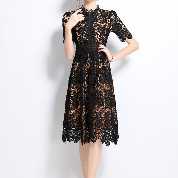 Vintage Elegant Hollow Out Lace Dress Water Soluble Floral Design Slim Fit Short Sleeve Formal Occasion Wholesale