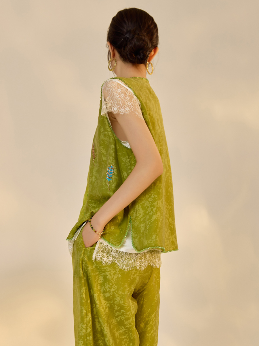 Set gile thêu đính cườm kèm quần dài nữ phong cách thanh lịch — Quần dài màu mơ, Quần dài màu xanh lục, Gi lê màu hồng, Gi lê màu xanh lục