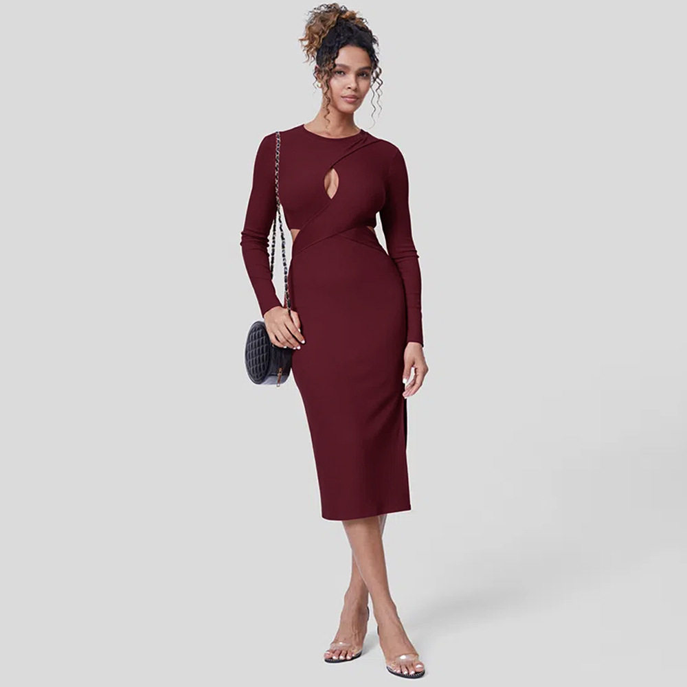 Slim Fit Hollow Out Long Sleeve Dress Solid Color Round Neck Bodycon Side Slit Elegant for Evening Events