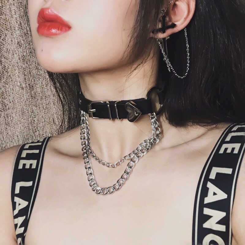 European and American Dark Gothic All-match Lock Peach Heart Love Chain Collar Puleather choker Fashion Neck Strap Clavicle Chain