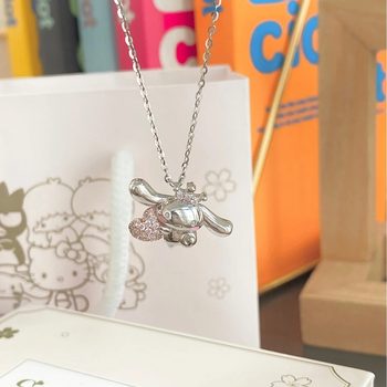 Sanrio Yugui Dog Pink Diamond Love Necklace Female Sweet Cute Crown Big Ear Dog Collarbone Chain Gift for Girlfriend