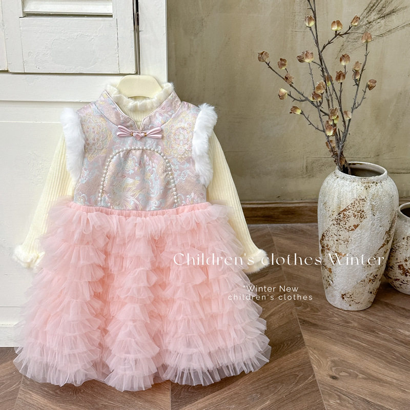 [in Stock] Girls' Chinese Style New Year Dress Winter Tang Suit Birthday Dress with Fleece Lining Puffy Skirt Princess Dress