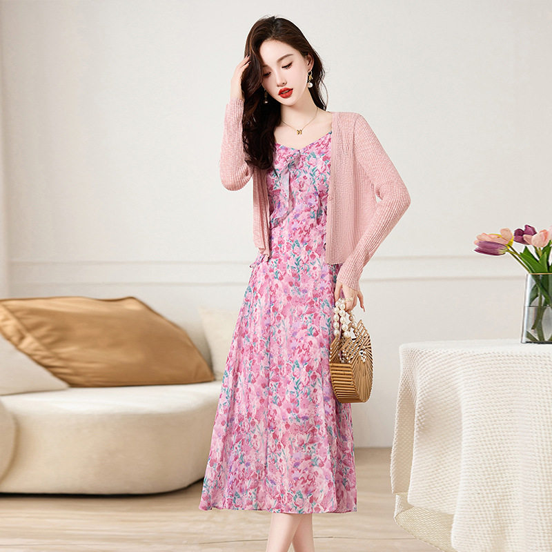 Set Áo Khoác Cardigan Dệt Kim Và Đầm Hai Dây Xòe Họa Tiết Hoa Phong Cách Thanh Lịch Màu Hồng, Xanh