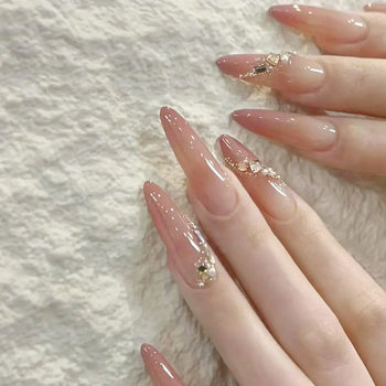 Tiktok Trending Wearable Nails Pure Handmade High-End Pink Gradient Fine Dog Pointed Diamond Nude Pure Desire Style Nail Pieces