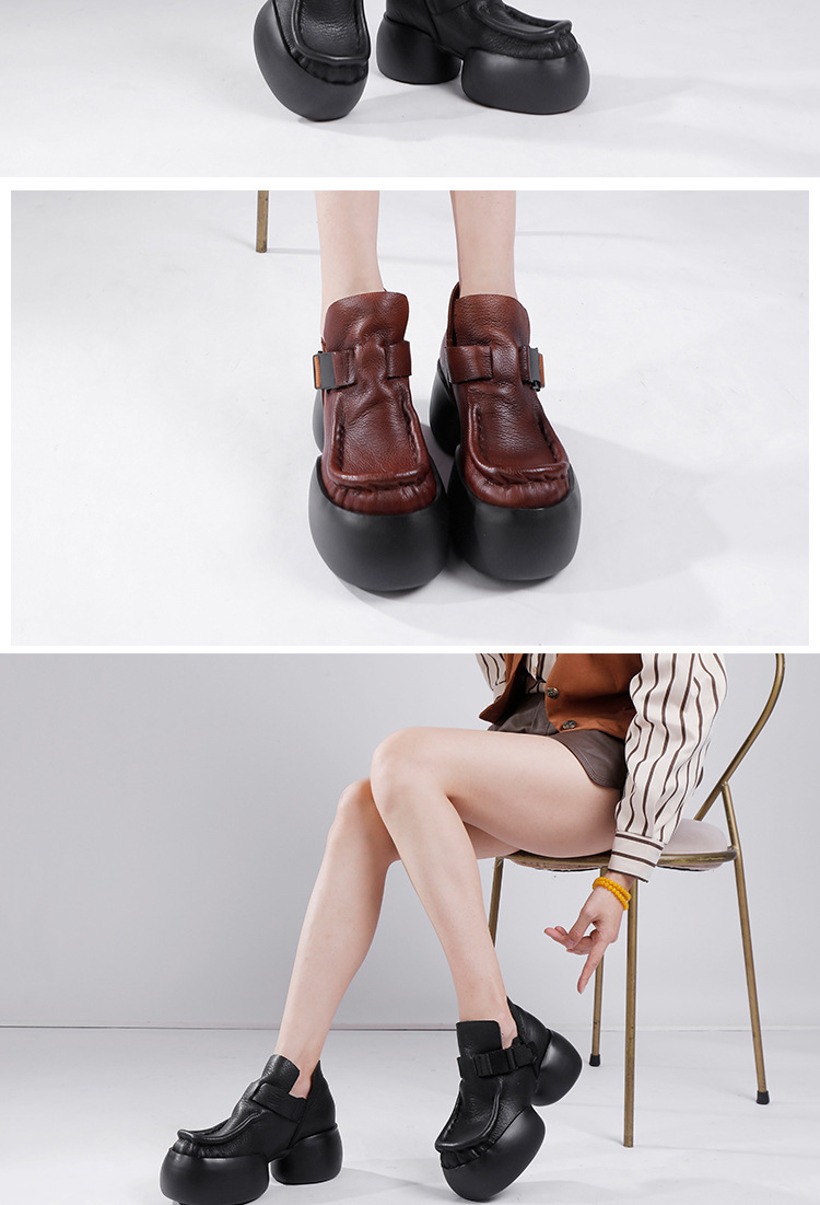 Giày boot nữ cổ cao da bò thật đế bánh xốp gót nêm — Màu nâu đậm