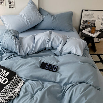 Ins Pure Color Washed Cotton Four-Piece Set Class a Naked Sleeping Pure Cotton Simple Bed Bed Sheets Student Dormitory Three-Piece Set Single Piece