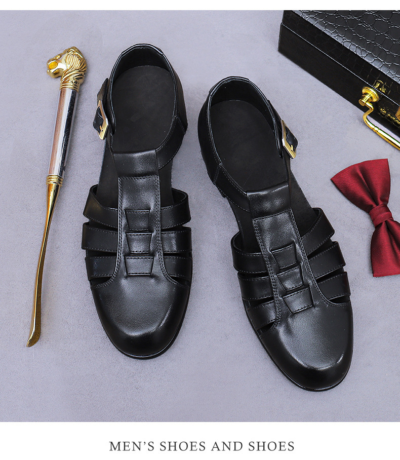 Dép sandal nam bít mũi da bò cổ điển khóa cài thoáng khí — Màu nâu, Màu đen