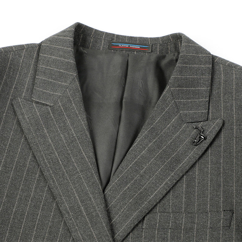 专柜双排扣西服套装男韩版修身商务伴郎服装绅士结婚礼服条纹正装