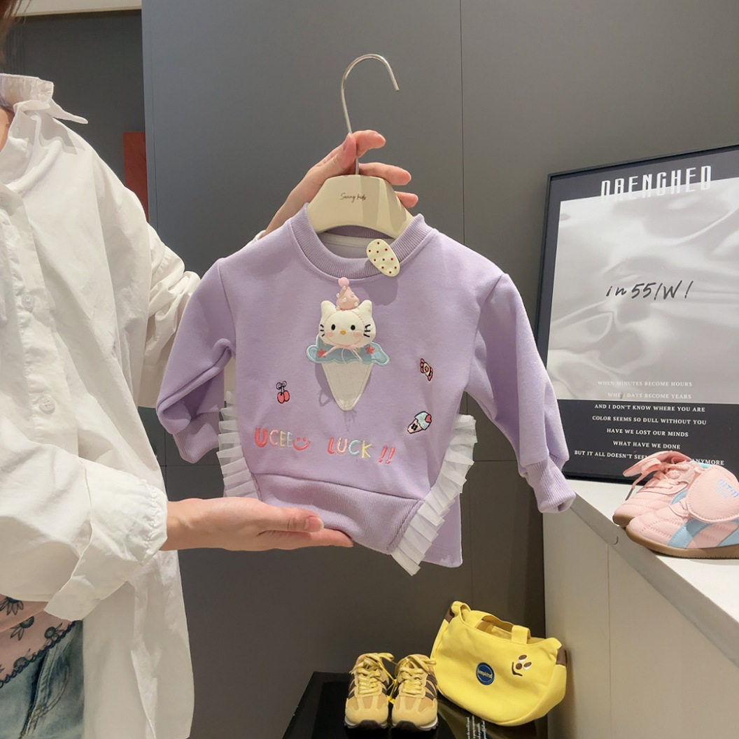 Baby Sweatshirt with 3D Embroidered Cat & Lace Trim, New Spring & Autumn Girls' Outfit, Stylish Sweet Top for Girls