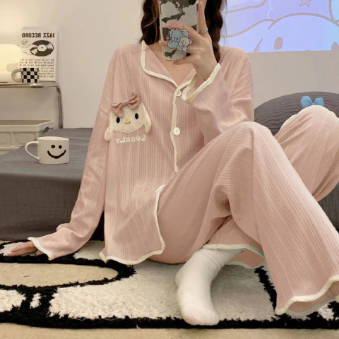 跨境睡衣女夏季短袖短裤玉桂狗刺绣蝴蝶结可爱少女宽松家居服套装