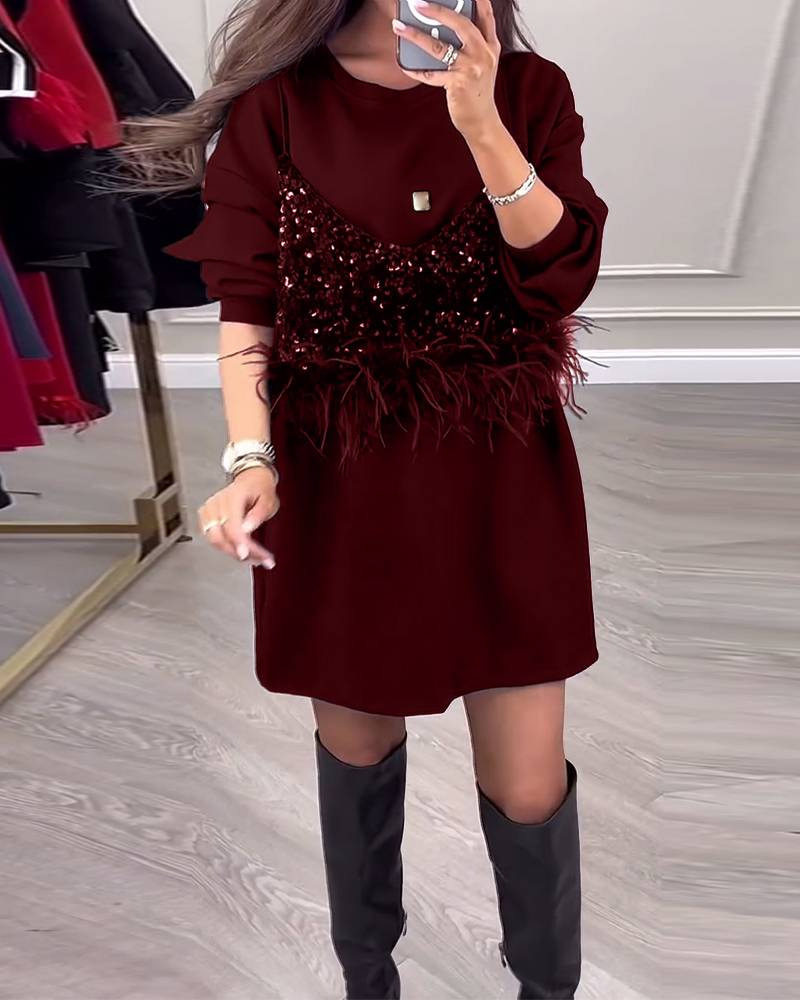 Winter Womens Dress Elegant Solid Color Round Neck Sequin and Feather Detail Evening Party Wear Wholesale Available