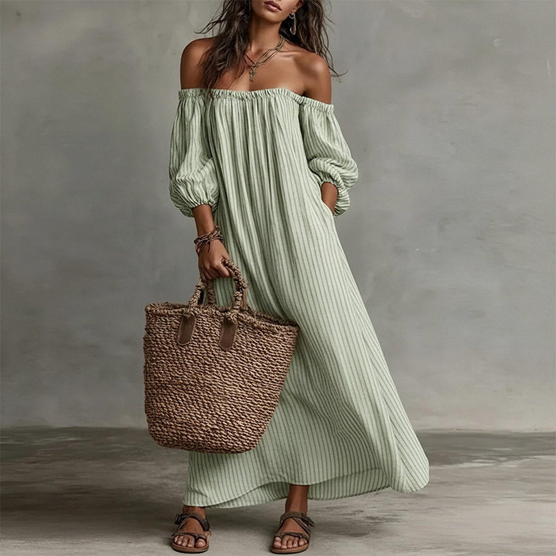 Off Shoulder Maxi Dress Solid Color Casual Loose Fit Summer Style Perfect for Vacation and Relaxation Wholesale