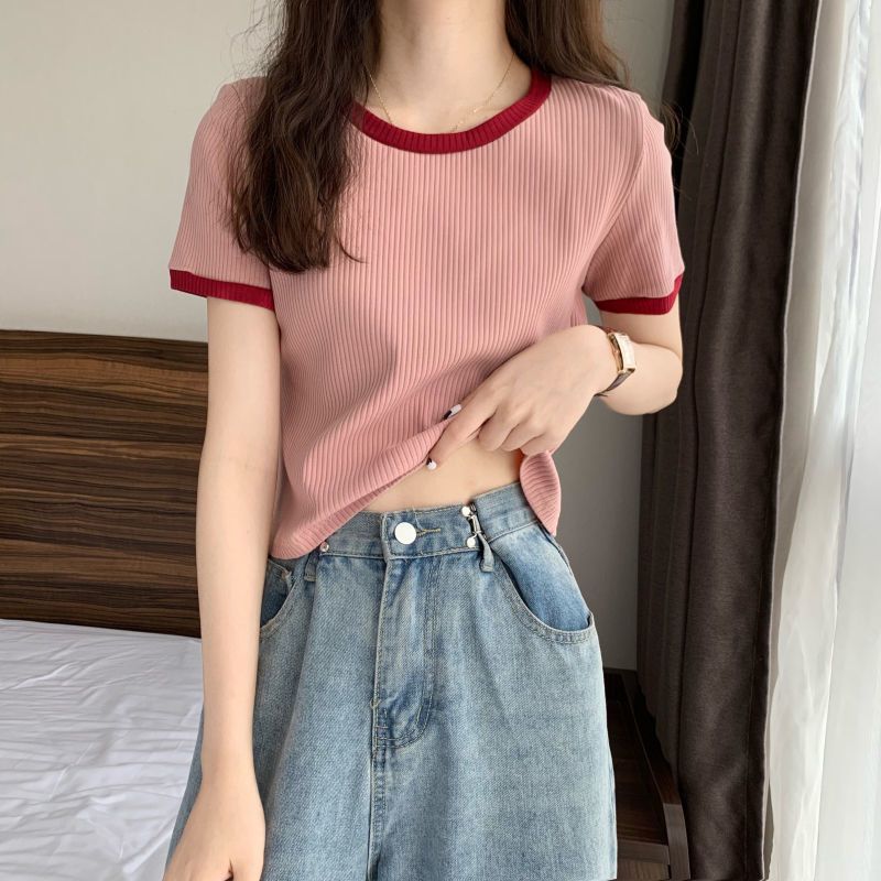 Slim Fit Short Sleeve T Shirt for Women Round Neck Color Block Design Casual Summer Wear