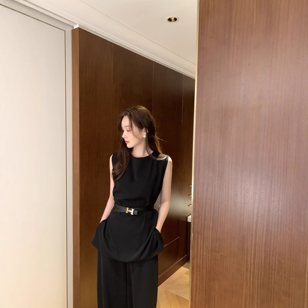 Korean Retro Lace-Up Sleeveless Top for Women Summer New Style + High-Waist Slim Loose Casual Pants Korean Style Two-Piece Set