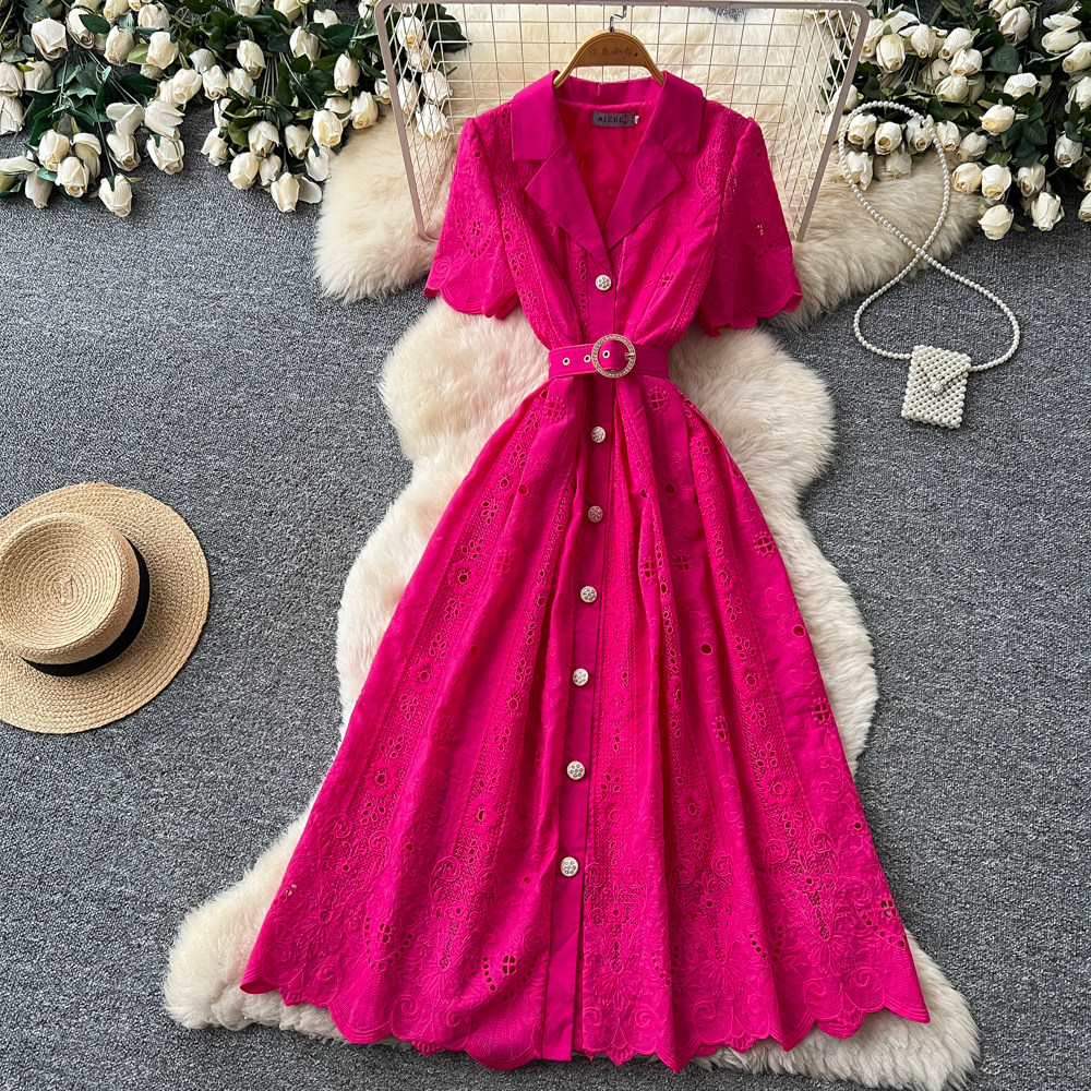 French Romantic Lace Hollow Out Dress Short Sleeve Slim Fit A Line Summer Office Wear Wholesale Available