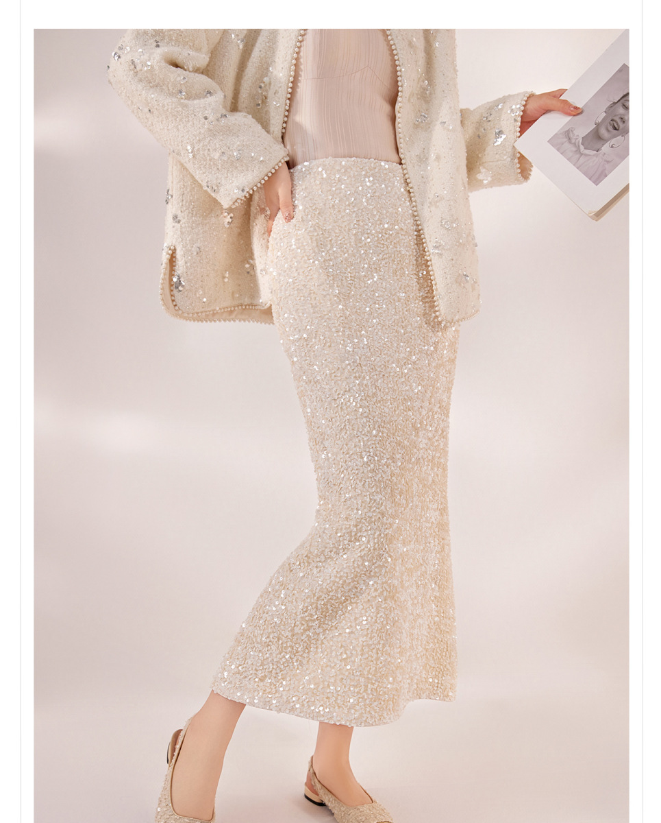 Chân váy dài lưng cao dáng chữ A phối sequin lấp lánh — Màu mơ