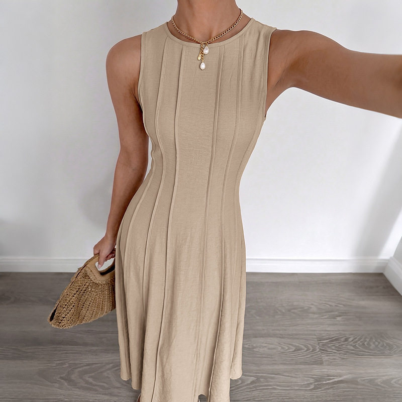 Sleeveless A Line Dress Solid Color Waist Defining Minimalist Design Summer Casual Wear Wholesale Available