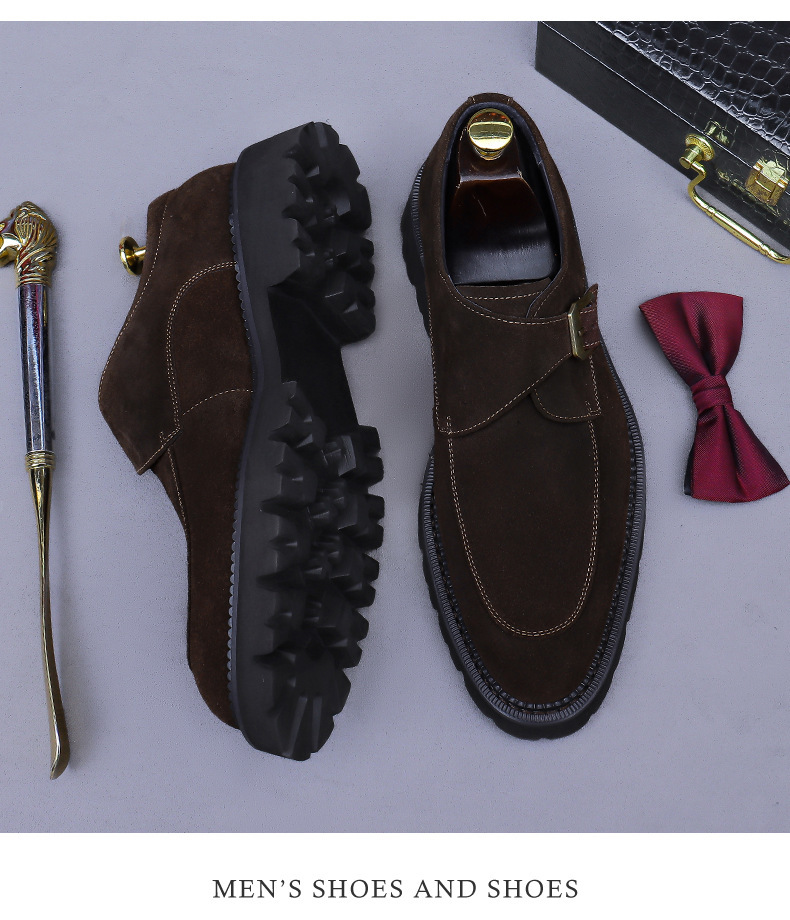 Giày loafer nam da bò lộn mũi tròn khóa cổ điển đế dày tăng chiều cao — đen, màu nâu mocha